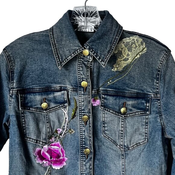 Lana Erica Womens Floral Embroidered Denim Jean Jacket Size Small - Picture 3 of 9
